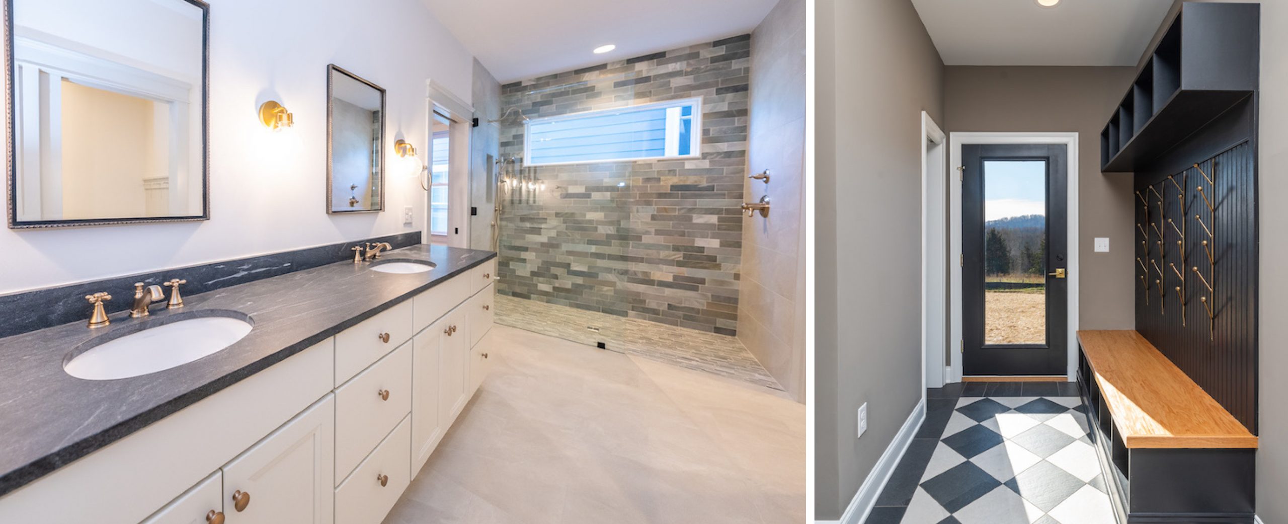 Several kinds of tile in a bath, and a harlequin (or checkered) pattern in a mudroom